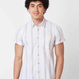 SPYKAR Vertical Striped Spread Collar Roll-Up Sleeves Cotton Linen Casual Shirt-image-75