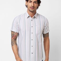 SPYKAR Vertical Striped Spread Collar Short Sleeves Cotton Casual Shirt-image-76