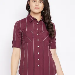 Ruhaans Women Maroon Classic Opaque Striped Casual Shirt-image-96