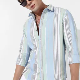 Campus Sutra Blue & Green Striped Classic Fit Cotton Casual Shirt-picture-32