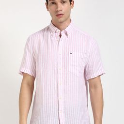 Tommy Hilfiger Men Button-Down Collar Vertical Striped Linen Casual Shirt-image-48