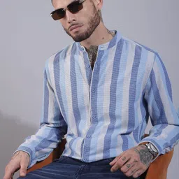 HERE&NOW Spread Collar Long Sleeves Slim Fit Cotton Striped Casual Shirt-image-70
