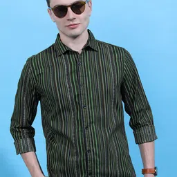 HIGHLANDER Green & Black Slim Fit Striped Cotton Casual Shirt-2