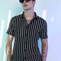 HIGHLANDER Black Slim Fit Striped Casual Shirt-image-35