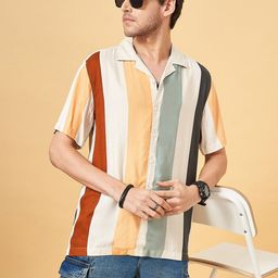 People Off White & Red Striped Cuban Collar Twill Weave Shirt-image-29