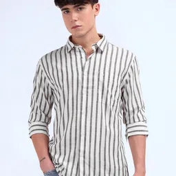 Flying Machine Men Spread Collar Vertical Striped Cotton Casual Shirt-image-86