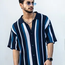 Powerlook Navy Blue & Teal India Slim Striped Oversized Casual Crochet Shirt-image-31