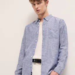 THE BEAR HOUSE Men Button-Down Collar Vertical Striped Cotton Casual Shirt-image-45