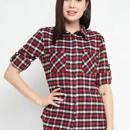 Ruhaans Women Red Classic Checked Cotton Brushed Casual Shirt-image-72