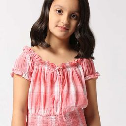 Pepe Jeans Girls Checked Off-Shoulder Smocked Cotton Blouson Top-19