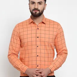 JAINISH Men Orange Windowpane Checks Checked Classic Cotton Formal Shirt-image-75