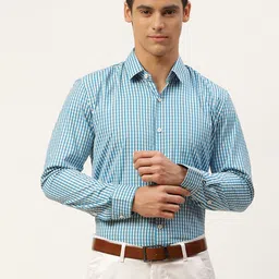 SOJANYA Men Teal Blue & White Pure Cotton Classic Checked Formal Shirt-image-63