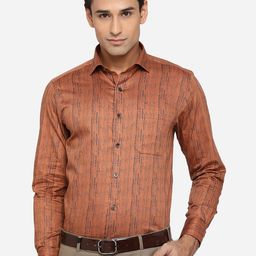 Greenfibre Men Brown Classic Slim Fit Opaque Striped Pure Cotton Formal Shirt-image-55