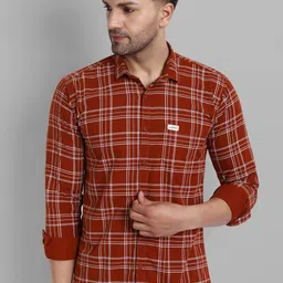 Majestic Man Men Rust Orange Slim Fit Tartan Checked Casual Shirt-image-82