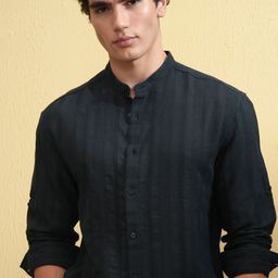 HIGHLANDER Men Mandarin Collar Vertical Striped Cotton Relaxed Fit Casual Shirt-picture-30