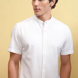 HIGHLANDER Men Band Collar Solid Cotton Casual Shirt-picture-24