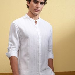 HIGHLANDER Men Mandarin Collar Vertical Striped Cotton Relaxed Fit Casual Shirt-image-98