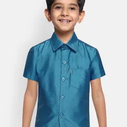 THANGAMAGAN Boys Blue Regular Fit Solid Ethnic Silk Shirt-picture-30