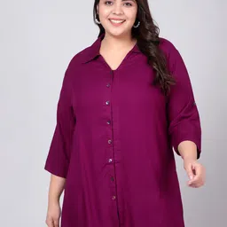 Indietoga Women Plus Size Burgundy Regular Fit Solid Rayon Longline Casual Shirt-image-63