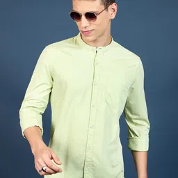 HIGHLANDER Lime Green Slim Fit Mandarin Collar Long Sleeves Cotton Casual Shirt-image-71
