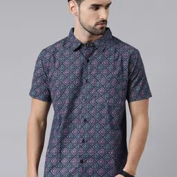 Joven Men Navy Blue Comfort Slim Fit Printed Casual Shirt-image-73