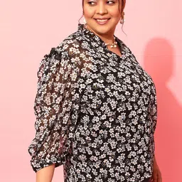 CURVY STREET Black Floral Printed Puff Sleeves Shirt Style Top-43