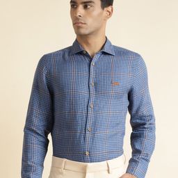 Andamen Premium Micro Checked Cutaway Collar Linen Formal Shirt-image-4