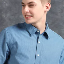 StitchX Men Spread Collar Micro Checked Cotton Casual Shirt-image-6