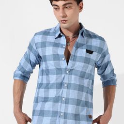 Campus Sutra Blue Checked Classic Fit Cotton Casual Shirt-image-18