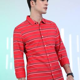 KETCH Red Slim Fit Horizontal Striped Cotton Casual Shirt-image-6
