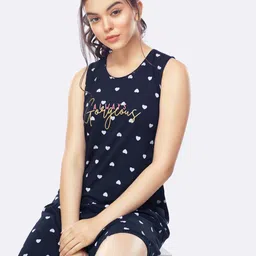 Zeyo Navy Blue & White Printed Sleep Shirt-11