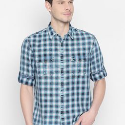 Basics Men Blue Tartan Checks Checked Slim Fit Casual Shirt-picture-44