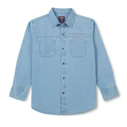 Palm Tree Boys Spread Collar Opaque Denim Casual Shirt-image-92
