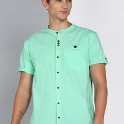 Kuons Avenue Slim Fit Smart Band Collar Linen Cotton Casual Shirt-image-100