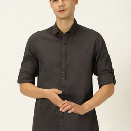 Mast & Harbour Grey Classic Slim Fit Roll-Up Sleeves Twill Pure Cotton Casual Shirt-image-23