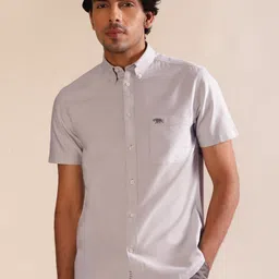 Andamen Grey Short Sleeve Patch Pocket Premium Slim Fit Shirt-image-47