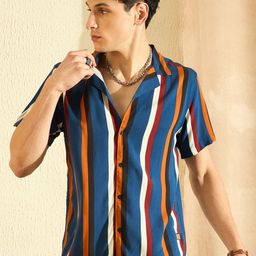 DENNISON Smart Oversized Striped Cuban Collar Casual Shirt-image-76