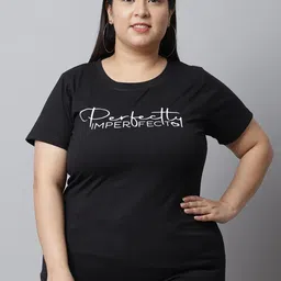 UnaOne Women Plus Size Black Typography Printed Pure Cotton Slim Fit T-shirt-image-86