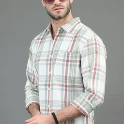 HERE&NOW White & Sea Green Slim Fit Tartan Checked Casual Shirt-image-74