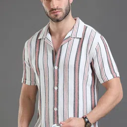 HERE&NOW Slim Fit Vertical Striped Cuban Collar Cotton Casual Shirt-image-72