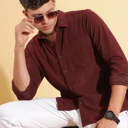 HERE&NOW Spread Collar Slim Fit Corduroy Casual Shirt-image-99