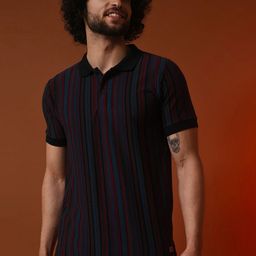 Campus Sutra Burgundy Striped Polo Collar Casual T-shirt-image-90