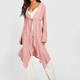 Boohoo Women Chiffon Ruffle Detail Longline Tie-Up Shrug-13
