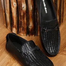 pelle albero Men Black Woven Design Leather Loafers-image-85