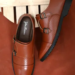 John Karsun Men Tan Brown Solid Formal Monk Shoes-image-36