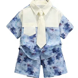 StyleCast x Revolte Boys Off White & Blue Printed Pure Cotton Shirt with Shorts-image-52