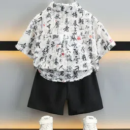 StyleCast x Revolte Boys White & Black Printed Pure Cotton Shirt with Shorts-image-17
