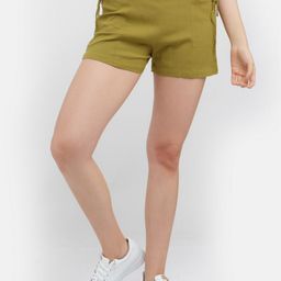 Zink London Women Green Solid Slim Fit High-Rise Shorts-image-7