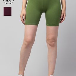 Apraa & Parma Women Pack of 2 Green & Maroon Slim Fit Pure Cotton Cycling Shorts-image-91