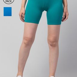 Apraa & Parma Women Teal Green & Blue Pack Of 2 Skinny Fit Cycling Pure Cotton Shorts-image-67